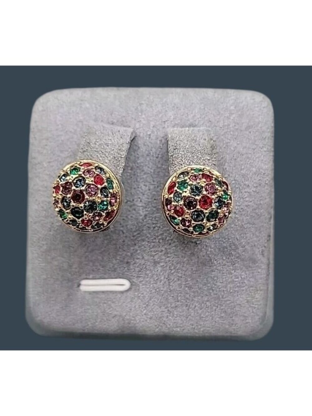 Vintage Swarovski Red Green Domed Stud Post Earrings Swan Signed Crystal Petite